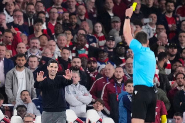 Arsenal FC v Atletico de Madrid - UEFA Champions League 2025 26 Semi Final Second Leg Mikel Arteta head coach of Arsenal is shown a yellow card during the UEFA Champions League 2025 26 Semi Final Second Leg match between Arsenal FC and Atletico de Madrid at Arsenal Stadium on May 5, 2026 in London, England. London England United Kingdom  Copyright: xJosexBretonx originalFilename:bretonhernandez-arsenalf260505_npNsZ.jpg