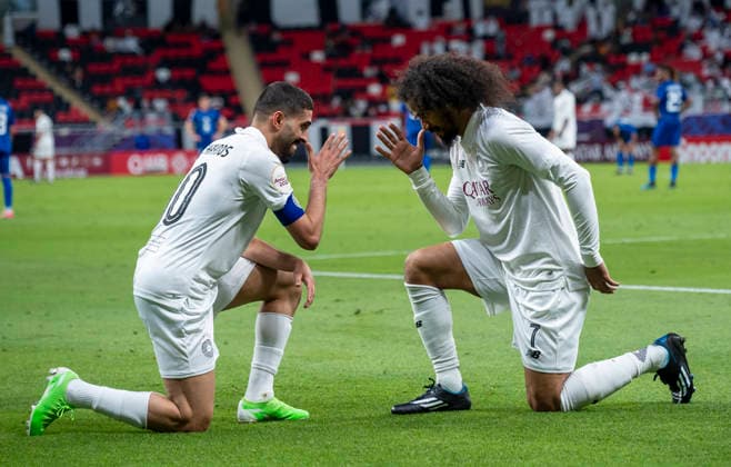 Amir Cup 2026 Semi Final, Al Sadd SC and Al Duhail SC in Doha, Qatar - 05 May 2026 Hassan al-Haydos (L) of Al Sadd SC celebrates with Akram Afif after scoring a goal during the Amir Cup 2026 Semi Final match between Al Sadd SC and Al Duhail SC at Ahmad bin Ali Stadium.Final score; Al Sadd SC 4 : 1 Al Duhail SC . Doha Qatar Copyright: xNoushadxVariyattiyakkalx xSOPAxImagesx NVRITYAKAL-023