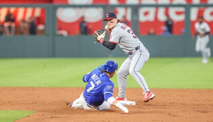 MAY 5, 2026: Cleveland Guardians infielder Travis Bazzana (37) starts a double play while Kansas City Royals shortstop Bobby Witt Jr. (7) slides into second base at Kauffman Stadium in Kansas City, MO. CSM Kansas City United States - ZUMAc04_ 20260505_zma_c04_128 Copyright: xRomanxPunox