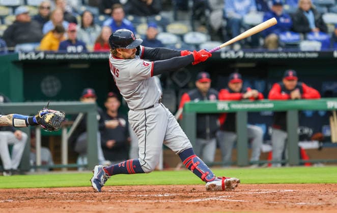 MAY 5, 2026: Cleveland Guardians infielder Rhys Hoskins (8) hits a home run in the 4th inning against the Kansas City Royals at Kauffman Stadium in Kansas City, MO. CSM Kansas City United States - ZUMAc04_ 20260505_zma_c04_149 Copyright: xRomanxPunox