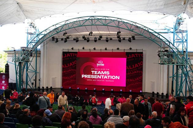 The teams presentation ahead of the Giro d™Italia cycling race in Burgas. The race starts on Friday, May 8, with the first stage over 160 km, from Nessebar to Burgas, Bulgaria - Wednesday, May 6, 2026. - cycling.  Copyright: xMarcoxAlpozzi LaPressex