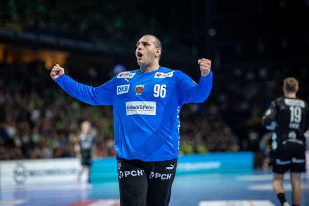 Handball Berlin 06.05.2026 Saison 2025 2026 Championsleague Champions League Männer, Herren Viertelfinale Rückspiel Füchse Berlin - One Veszprem HC Jubel Füchse Dejan Milosavljev (Füchse Berlin, TW, No.96)