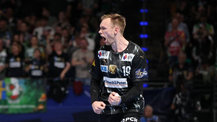 Mathias Gidsel jubelt nach Tor Freude Emotion Jubel Handball CL Championsleague Champions League Herren Viertelfinale Rückspiel Saison 2025 2026 06.05.2026 Füchse Berlin vs. Veszprem HC in der Max Schmeling Halle