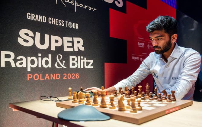 Grand Chess Tour: 2026 Super Rapid & Blitz Poland Gukesh Dommaraju during Grand Chess Tour: 2026 Super Rapid & Blitz tournament in Warsaw, Poland, on May 6, 2026 Warsaw Poland  Copyright: xFotoxOlimpikx originalFilename:jastrzebowski-grandche260506_npKio.jpg