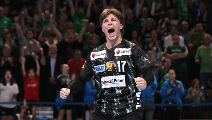Nils Lichtlein jubelt nach Tor im Siebenmeterwerfen Freude Emotion Jubel Handball CL Championsleague Champions League Herren Viertelfinale Rückspiel Saison 2025 2026 06.05.2026 Füchse Berlin vs. Veszprem HC in der Max Schmeling Halle
