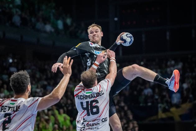 Handball Berlin 06.05.2026 Saison 2025 2026 Championsleague Champions League Männer, Herren Viertelfinale Rückspiel Füchse Berlin - One Veszprem HC Füchse gewinnen im Siebenmeterwerfen Mathias Gidsel (Füchse Berlin, No.19) mit dem entscheidenden Siebenmeter Jubel