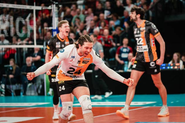VBL: SVG Lüneburg vs. Berlin Recycling Volleys, 06.05.2026 Kyle Dagostino (Berlin Recycling Volleys, 24) jubelt; Volleyball Bundesliga, Playoffs, Finale, Spiel 3: SVG Lüneburg vs. Berlin Recycling Volleys am 06.05.2026 in der LKH-Arena, Lüneburg Copyright: xBEAUTIFULxSPORTS Tonhäuserx