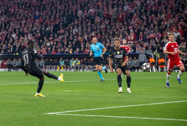 Fußball, Herren, Saison 2025 2026, Champions League (Halbfinale, Rückspiel), FC Bayern München - Paris St. Germain, v. l. Ousmane Dembele (PSG) erzielt das Tor zum 0:1, 06.05. 2026, Copyright: xMatthiasxKochx