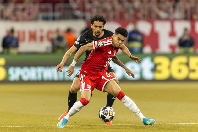 Marquinhos (FC Paris Saint-Germain) und Luis Diaz (FC Bayern München) battle for the ball during the UEFA Champions League 2025 26 Semi Final Second Leg match between FC Bayern München and Paris Saint-Germain at Football Arena Munich on May 6, 2026 in Munich, Germany. -