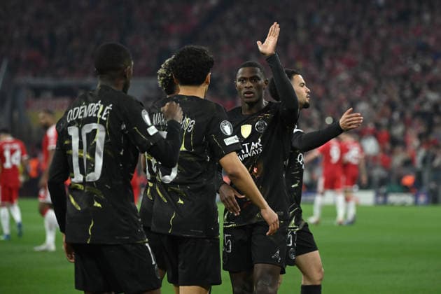 06.05.2026, xemx, Fussball UEFA Champions League 1 2 Finale, FC Bayern Muenchen - Paris St. Germain v.l. Torjubel nach dem Tor zum celebrating the goal celebrate 0:1 durch Ousmane Dembele (Paris St. Germain) (DFL DFB REGULATIONS PROHIBIT ANY USE OF PHOTOGRAPHS as IMAGE SEQUENCES and or QUASI-VIDEO) Muenchen
