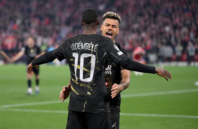 FUSSBALL CHAMPIONS LEAGUE SAISON 2025 2026 Halbfinal Rueckspiel 06.05.2026 FC Bayern Muenchen - Paris Saint-Germain Jubel Paris Saint-Germain nach dem Tor zum 0 - 1, v. li., Torschuetze Ousmane Dembele (Paris Saint-Germain) Desire Doue (Paris Saint-Germain)