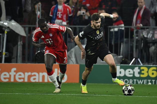 06.05.2026, xemx, Fussball UEFA Champions League 1 2 Finale, FC Bayern Muenchen - Paris St. Germain v.l. Dayot Upamecano (FC Bayern Muenchen) Khvicha Kvaratskhelia (Paris St. Germain) Zweikampf, Aktion, action, battle for the ball (DFL DFB REGULATIONS PROHIBIT ANY USE OF PHOTOGRAPHS as IMAGE SEQUENCES and or QUASI-VIDEO) Muenchen