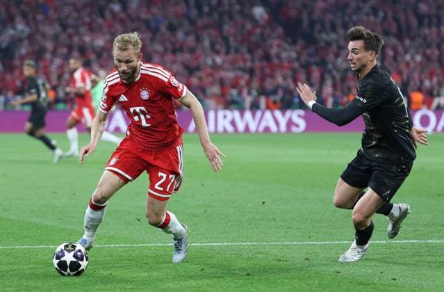 GER, CL Halbfinale FC Bayern Muenchen (GER) vs Paris Saint-Germain (FRA) 06.05.2026, Allianz Arena, München, GER, CL Halbfinale FC Bayern Muenchen (GER) vs Paris Saint-Germain (FRA), im Bild picture shows Konrad Laimer (FC Bayern Muenchen 27) im Zweikampf gegen Fabian Ruiz Fabian Ruiz (FC Paris Saint 08)