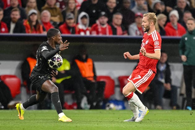 Nuno Mendes (Paris Saint-Germain FC) and Konrad Laimer (FC Bayern München) battle for the ball during the UEFA Champions League 2025 26 Semi Final Second Leg match between FC Bayern München and Paris Saint-Germain at Football Arena Munich on May 6, 2026 in Munich, Germany. (Photo by Harry Langer DeFodi Images) -