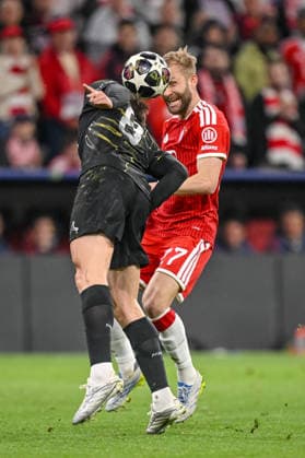 Fabian Ruiz (Paris Saint-Germain FC) and Konrad Laimer (FC Bayern München) battle for the ball during the UEFA Champions League 2025 26 Semi Final Second Leg match between FC Bayern München and Paris Saint-Germain at Football Arena Munich on May 6, 2026 in Munich, Germany. (Photo by Harry Langer DeFodi Images) -