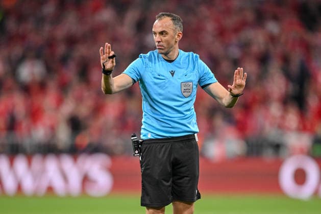 Schiedsrichter Joao Pinheiro gestures during the UEFA Champions League 2025 26 Semi Final Second Leg match between FC Bayern München and Paris Saint-Germain at Football Arena Munich on May 6, 2026 in Munich, Germany. (Photo by Harry Langer DeFodi Images) -