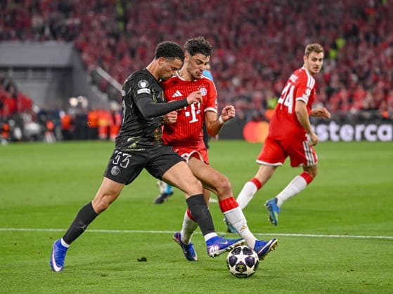 Warren Zaire-Emery (Paris Saint-Germain FC) and Aleksandar PavloviÄ‡ (FC Bayern München) battle for the ball during the UEFA Champions League 2025 26 Semi Final Second Leg match between FC Bayern München and Paris Saint-Germain at Football Arena Munich on May 6, 2026 in Munich, Germany. (Photo by Harry Langer DeFodi Images) -
