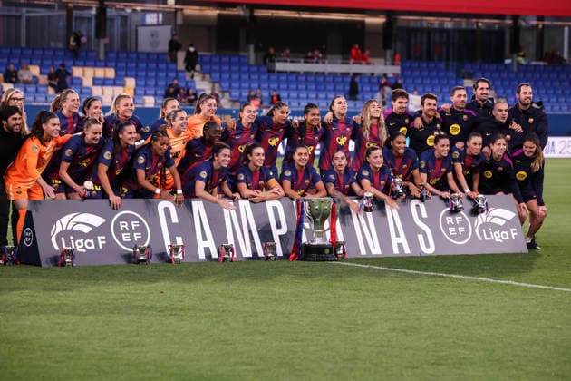 May 6, 2026, Sant Joan Despi, Barcelona, Spain: Players of FC Barcelona, Barca pose with the championship trophy after the match between FC Barcelona and Levante UD, played at the Johan Cruyff Stadium on 6 May 2026 in Sant Joan DespoÂ­, Barcelona. FC Barcelona V Levante UD - Liga F  - ZUMAa181 20260506_zaa_a181_068 Copyright: xJavierxBorregox