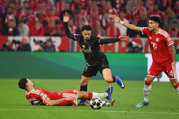 v.re:Luis DIAZ (Bayern Muenchen), MARQUINHOS (PSG), Aleksandar PAVLOVIC (Bayern Muenchen), Aktion,Zweikampf. Fussball Champions League,Saison 2025 26, Halbfinale FC Bayern-Muenchen - Paris Saint Germain (PSG) am 06.05.2026 A L L I A N Z A R E N A.