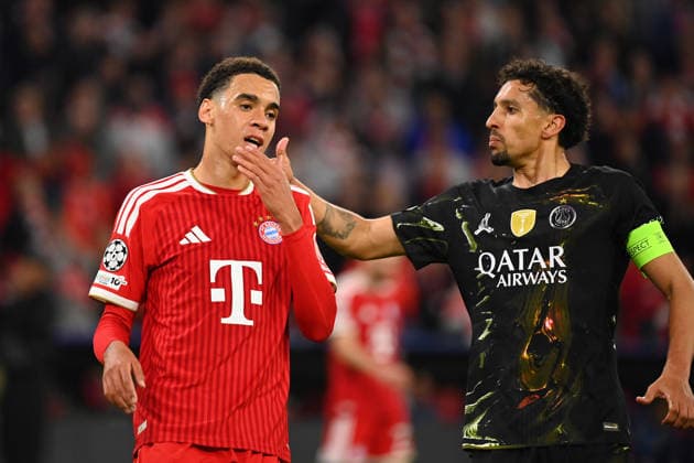 v.li:Manuel NEUER (Torwart Bayern Muenchen)0, MARQUINHOS (PSG). Fussball Champions League,Saison 2025 26, Halbfinale FC Bayern-Muenchen - Paris Saint Germain (PSG) am 06.05.2026 A L L I A N Z A R E N A.