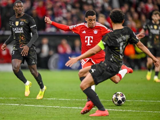 Jamal Musiala (FC Bayern München) and Marquinhos (Paris Saint-Germain FC) battle for the ball during the UEFA Champions League 2025 26 Semi Final Second Leg match between FC Bayern München and Paris Saint-Germain at Football Arena Munich on May 6, 2026 in Munich, Germany. (Photo by Harry Langer DeFodi Images) -