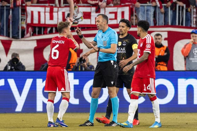 Joshua Kimmich (FC Bayern München) und Schiedsrichter Joao Pinheiro discusses during the UEFA Champions League 2025 26 Semi Final Second Leg match between FC Bayern München and Paris Saint-Germain at Football Arena Munich on May 6, 2026 in Munich, Germany. -