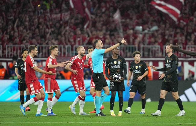 Joao Pinheiro (Portugal) gestures during Bayern Munich and PSG, UEFA Champions League Semi final, at Allianz Arena, Munich, Germany on May 6, 2026. Thor Wegner DeFodi Images. (Photo by DeFodi Images) -