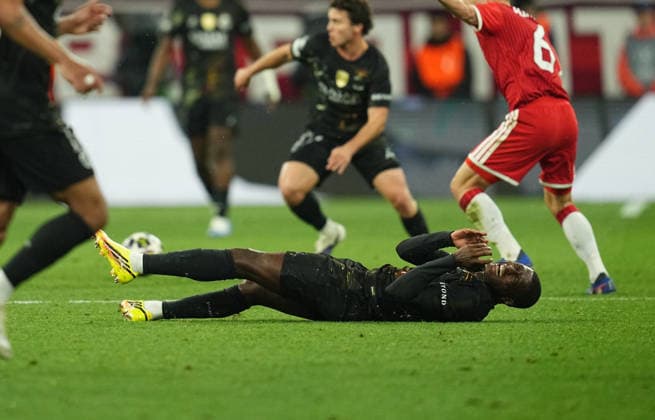 Nuno Mendes (FC Paris Saint-Germain) on the ground during Bayern Munich and PSG, UEFA Champions League Semi final, at Allianz Arena, Munich, Germany on May 6, 2026. Thor Wegner DeFodi Images. (Photo by DeFodi Images) -