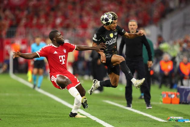 May 6, 2026, Munich, Bavaria, Germany: DAYOT UPAMECANO of Bayern and DESIRE DOUE of PSG contest the ball in the UEFA Champions League 2025 26 Semi-final Leg 2 game between Bayern Munich and Paris Saint-Germain at the Allianz Arena in Munich, Germany. Munich Germany - ZUMAc179 20260506_zep_c179_010 Copyright: xMickaelxChavetx