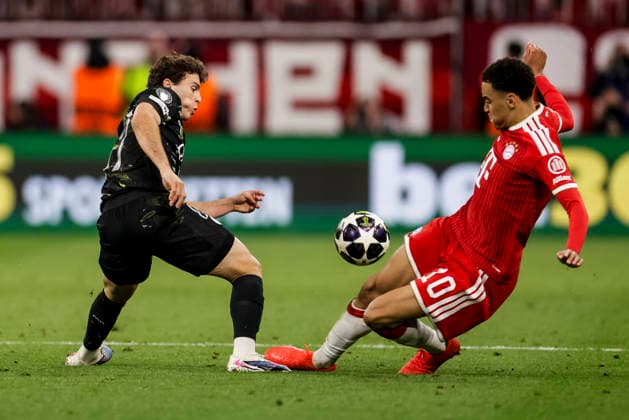 MUNICH, GERMANY - MAY 6: Joao Neves (FC Paris Saint-Germain, 87) challenged by Jamal Musiala (FC Bayern Muenchen, 10) during the UEFA Champions League Semi-Final between FC Bayern Muenchen vs Paris Saint-Germain at Allianz Arena at Semi-Finals 2nd leg of the UEFA Champions League on May 6, 2026 in Munich, Germany. Bavaria Germany Copyright: xSteffiexWunderlx