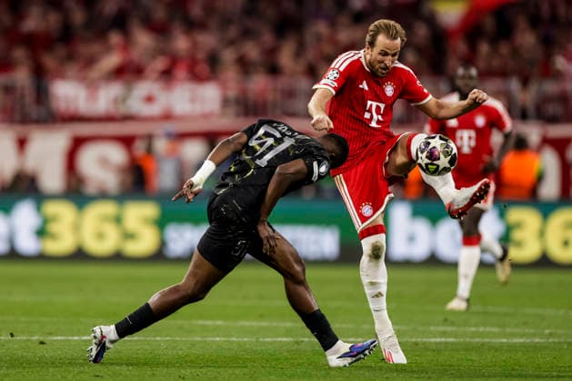 MUNICH, GERMANY - MAY 6: Harry Kane (FC Bayern Muenchen, 9) challenged by Willian Pacho (FC Paris Saint-Germain, 51) during the UEFA Champions League Semi-Final between FC Bayern Muenchen vs Paris Saint-Germain at Allianz Arena at Semi-Finals 2nd leg of the UEFA Champions League on May 6, 2026 in Munich, Germany. Bavaria Germany Copyright: xSteffiexWunderlx