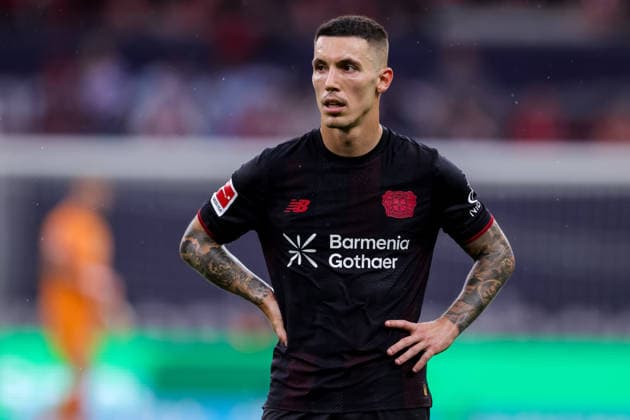 LEVERKUSEN, GERMANY - MAY 2: Alejandro Grimaldo of Bayer 04 Leverkusen looks on during the Bundesliga match between Bayer 04 Leverkusen and RB Leipzig at the BayArena on May 2, 2026 in Leverkusen, Germany.  Copyright: xRenexNijhuis MBxMediax