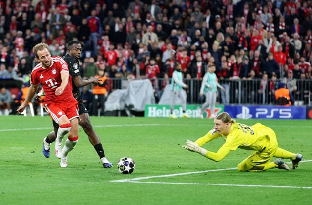 GER, CL Halbfinale FC Bayern Muenchen (GER) vs Paris Saint-Germain (FRA) 06.05.2026, Allianz Arena, München, GER, CL Halbfinale FC Bayern Muenchen (GER) vs Paris Saint-Germain (FRA), im Bild picture shows Harry Kane (FC Bayern Muenchen 09) beim Torschuss Torschuß auf das Tor von Torwart Matvey Safonov (FC Paris Saint 39) rechts Willian Pacho (FC Paris Saint 51)
