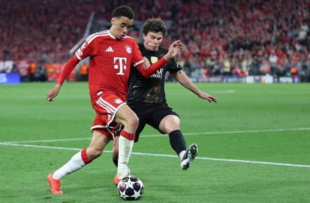 GER, CL Halbfinale FC Bayern Muenchen (GER) vs Paris Saint-Germain (FRA) 06.05.2026, Allianz Arena, München, GER, CL Halbfinale FC Bayern Muenchen (GER) vs Paris Saint-Germain (FRA), im Bild picture shows Jamal Musiala (FC Bayern Muenchen 10) im Zweikampf gegen Joao Neves Joao Neves (FC Paris Saint 87)
