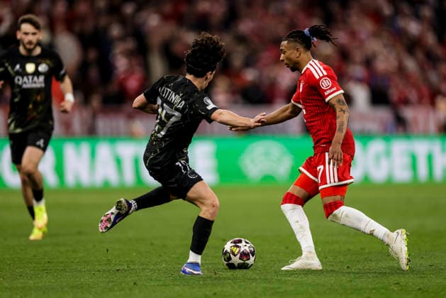 MUNICH, GERMANY - MAY 6: Michael Olise (FC Bayern Muenchen, 17) challenged by Vitinha (FC Paris Saint-Germain, 17) during the UEFA Champions League Semi-Final between FC Bayern Muenchen vs Paris Saint-Germain at Allianz Arena at Semi-Finals 2nd leg of the UEFA Champions League on May 6, 2026 in Munich, Germany. Bavaria Germany Copyright: xSteffiexWunderlx