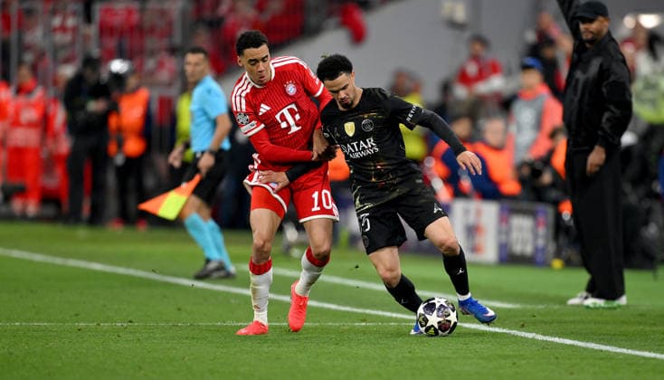 FUSSBALL CHAMPIONS LEAGUE SAISON 2025 2026 Halbfinal Rueckspiel 06.05.2026 FC Bayern Muenchen - Paris Saint-Germain Jamal Musiala (li, FC Bayern Muenchen) gegen Warren Zaire - Emery (re, Paris Saint-Germain)