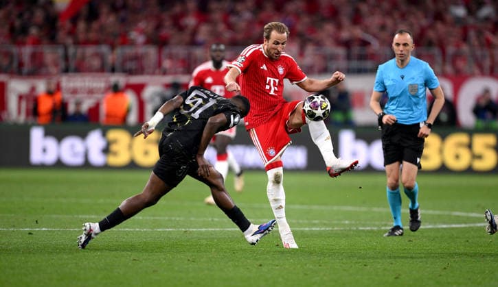 FUSSBALL CHAMPIONS LEAGUE SAISON 2025 2026 Halbfinal Rueckspiel 06.05.2026 FC Bayern Muenchen - Paris Saint-Germain Willian Pacho (li, Paris Saint-Germain) gegen Harry Kane (re, FC Bayern Muenchen)