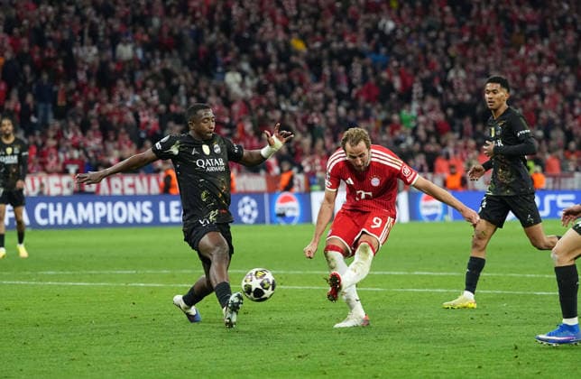 Harry Kane (Bayern Munich) scores and celebrates his teams first goal during Bayern Munich and PSG, UEFA Champions League Semi final, at Allianz Arena, Munich, Germany on May 6, 2026. Thor Wegner DeFodi Images. (Photo by DeFodi Images) -