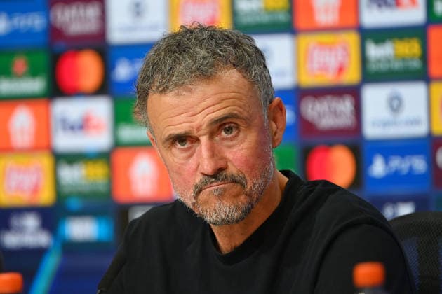 Trainer Luis ENRIQUE (PSG), Einzelbild,angeschnittenes Einzelmotiv,Portraet,Portrait,Porträt. PRESSEKONFERENZ. Fussball Champions League,Saison 2025 26, Halbfinale FC Bayern-Muenchen - Paris Saint Germain (PSG) 1-1 am 06.05.2026 A L L I A N Z A R E N A.