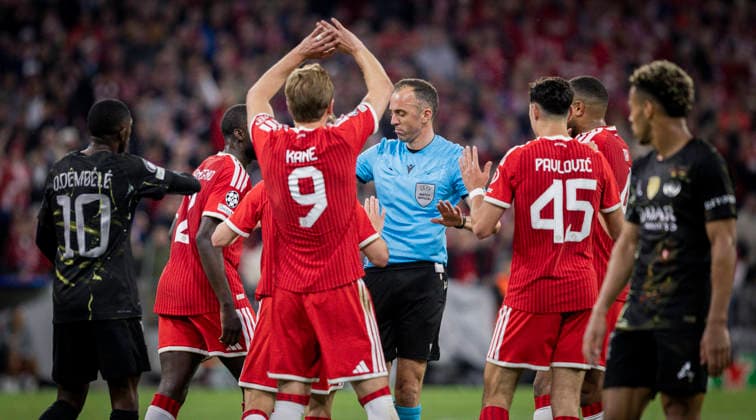 Munich, Germany. 06th Mai 2026. Referee Joao Pinheiro (POR) Harry Kane (FCB) Aleksandar Pavlovic (FCB) Jonathan Tah (FCB) FC Bayern München - Paris Saint Germain 06.05.2026 *** Munich, Germany 06th May 2026 Referee Joao Pinheiro POR Harry Kane FCB Aleksandar Pavlovic FCB Jonathan Tah FCB FC Bayern Munich Paris Saint Germain 06 05 2026