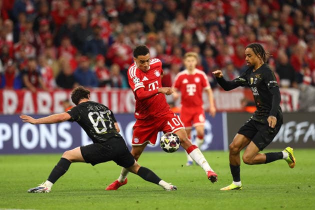 May 6, 2026, Munich, Bavaria, Germany: JAMAL MUSIALA of Bayern is defended by JOAO NEVES and BRADLEY BARCOLA of PSG in the UEFA Champions League 2025 26 Semi-final Leg 2 game between Bayern Munich and Paris Saint-Germain at the Allianz Arena in Munich, Germany. The game ended up in a 1:1 draw, and PSG won 6:5 on aggregate to advance to the Final. Munich Germany - ZUMAc179 20260506_zep_c179_077 Copyright: xMickaelxChavetx