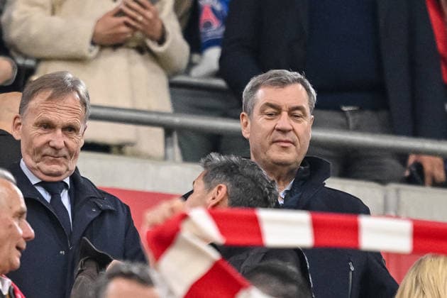 Hans-Joachim Watzke and Markus Söder Looks on during the UEFA Champions League 2025 26 Semi Final Second Leg match between FC Bayern München and Paris Saint-Germain at Football Arena Munich on May 6, 2026 in Munich, Germany. (Photo by Harry Langer DeFodi Images) -