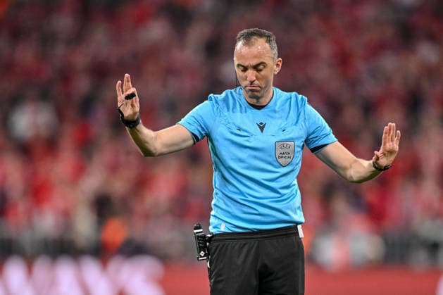 Schiedsrichter Joao Pinheiro gestures during the UEFA Champions League 2025 26 Semi Final Second Leg match between FC Bayern München and Paris Saint-Germain at Football Arena Munich on May 6, 2026 in Munich, Germany. (Photo by Harry Langer DeFodi Images) -