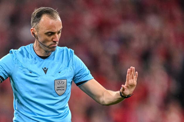 Schiedsrichter Joao Pinheiro gestures during the UEFA Champions League 2025 26 Semi Final Second Leg match between FC Bayern München and Paris Saint-Germain at Football Arena Munich on May 6, 2026 in Munich, Germany. (Photo by Harry Langer DeFodi Images) -