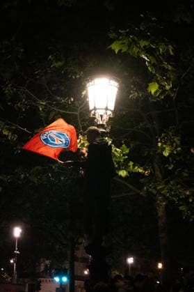Paris Saint-Germain Qualify For The Final, Fans Celebrate In Paris A Paris Saint-Germain flag waves through the streets of Paris, France, on May 6, 2023, during celebrations after the club s qualification for the UEFA Champions League final, following the semifinal victory over Bayern Munich. paris France  Copyright: xGiuliaxMoricix originalFilename:morici-notitle260507_npYd5.jpg