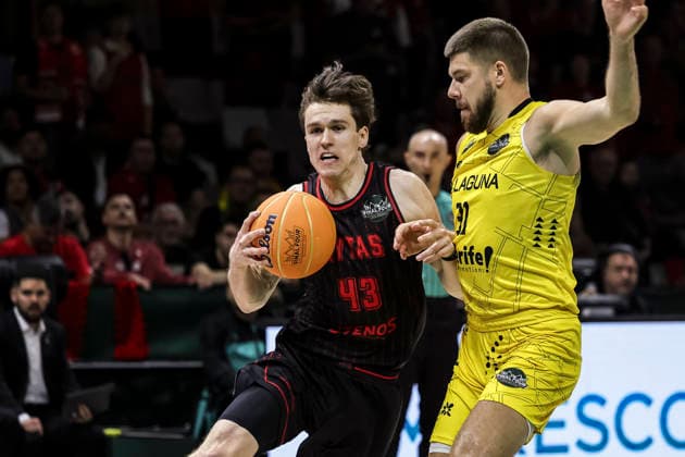 May 7, 2026, Badalona, Barcelona, Spain: Ignas Sargiunas of Rytas Vilnius and Rokas Giedraitis of La Laguna Tenerife in action during the Final Four Basketball Champions League Semi Finals basketball match played between Rytas Vilnius and La Laguna Tenerife at Palau Olimpic Badalona on May 07, 2026 in Badalona, Barcelona, Spain. Badalona Spain - ZUMAa181 20260507_zaa_a181_014 Copyright: xJavierxBorregox