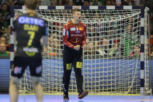 07.05.2026, xtgx, Handball, EHF Champions League 1 4 Finale, SC Magdeburg - Pick Szeged v.l. Sergey Hernandez Ferrer (Magdeburg, 1) Jubelt ueber gehaltenen Ball, abgewehrt, gehalten, Torhueter Magdeburg