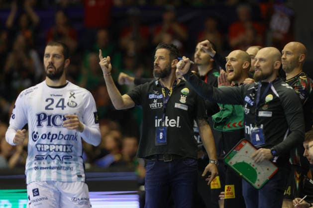 07.05.2026, xtgx, Handball, EHF Champions League 1 4 Finale, SC Magdeburg - Pick Szeged v.l. Bennet Wiegert (Magdeburg, Trainer) Jubel, Torjubel, jubelt ueber das Tor, celebrate the goal, celebration Magdeburg