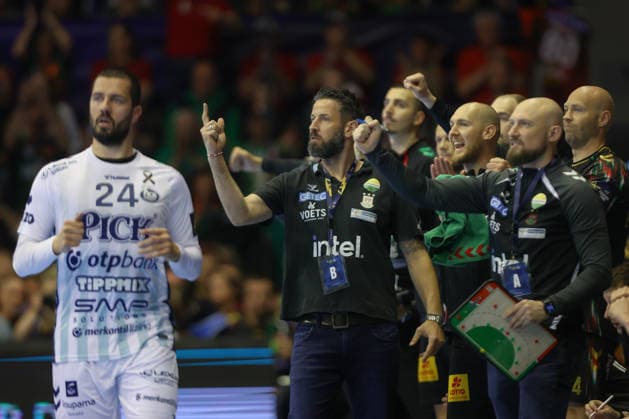 07.05.2026, xtgx, Handball, EHF Champions League 1 4 Finale, SC Magdeburg - Pick Szeged v.l. Bennet Wiegert (Magdeburg, Trainer) Jubel, Torjubel, jubelt ueber das Tor, celebrate the goal, celebration Magdeburg