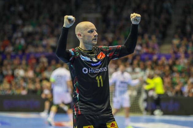 07.05.2026, xgox, Handball - EHF Champions League - 1 4 Finale SC Magdeburg - Pick Szeged v.l. Daniel Pettersson (Magdeburg, 11) Jubel, Torjubel, jubelt ueber das Tor, celebrate the goal, celebration Magdeburg